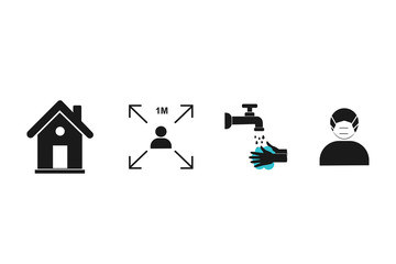 Covid 19 protection icon vector, stay home, keep social distance, wash hand and wear mask