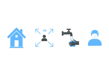 Covid 19 protection icon vector, stay home, keep social distance, wash hand and wear the mask blue version