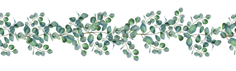 Watercolor floral seamless pattern with green eucalyptus leaves and white flowers isolated on white background. © Nataliya Kunitsyna