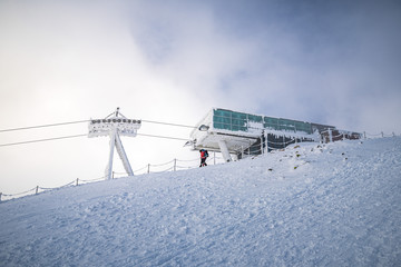 Cableway station on Snezka or Sniezka summit in Giant Mountains, Krkonose National Park, Czech...