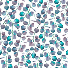 Watercolor seamless pattern with eucalyptus green leaves and branches  isolated on white. Background for wedding invitations,  textile, paper and other print and web projects.