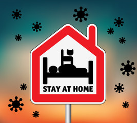 Sign icon stay home men in bed with cat and sky outdoor