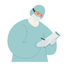 Physician or nurse holds clipboard pad and pen Medical staff wearing personal protective equipment for medical professionals Isolated vector flat illustration on white background
