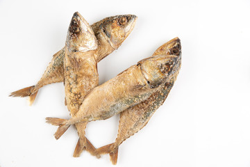 Four salted fish on a white background
