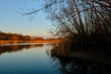 Sonnenuntergang im Vogelschutzgebiet NSG Garstadt bei Heidenfeld im Landkreis Schweinfurt, Unterfranken, Bayern, Deutschland