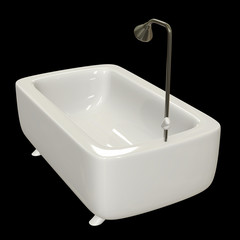 Bath tub with legs and shower. Sanitary concept. 3d render on black background.