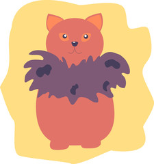 Colorful cat wearing violet boa on yellow background cartoon style