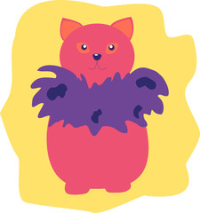 Colorful cat wearing violet boa on yellow background cartoon style vector illustration
