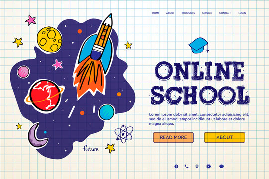 Online School. Digital internet tutorials and courses, online education, e-learning. Web banner template for website, landing page and mobile app development. Doodle style vector illustration.