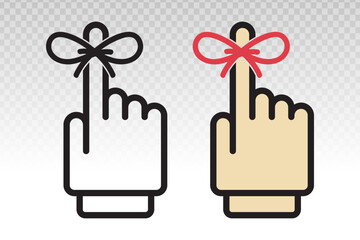 Reminder hand with tied ribbon to finger -vector flat icon on a transparent background.