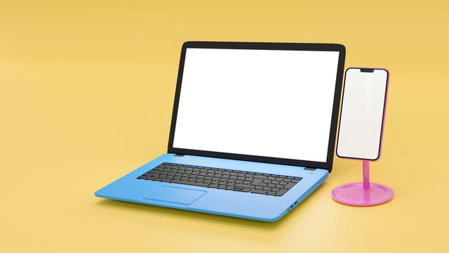 3D Illustration blank screen blue Laptop  and pink smart phone on light yellow Background, colorful Laptop Computer and mobile with white display.