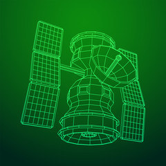 Space station communications satellite. Wireframe low poly mesh vector illustration.