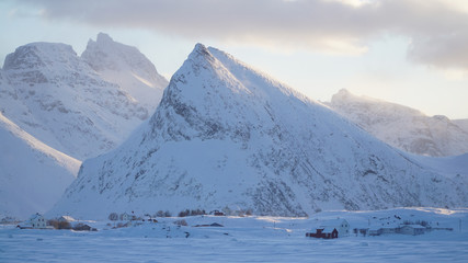 Cold snowy white winter landscapes near Fredvang village on the Lofoten Islands in Norway.