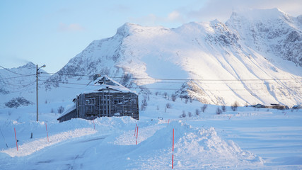 Cold snowy white winter landscapes near Fredvang village on the Lofoten Islands in Norway.