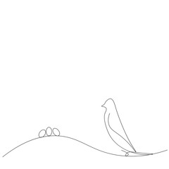 Bird with eggs line drawing, vector illustration