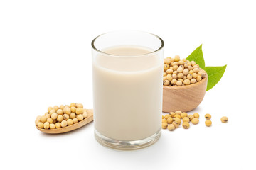 Soy milk With seeds green leaf isolated on white background.