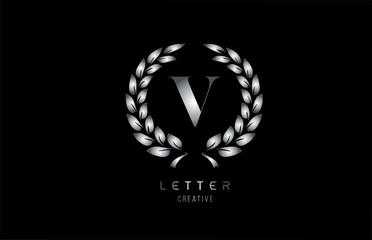 silver grey metal V alphabet letter logo icon with floral design for company and business