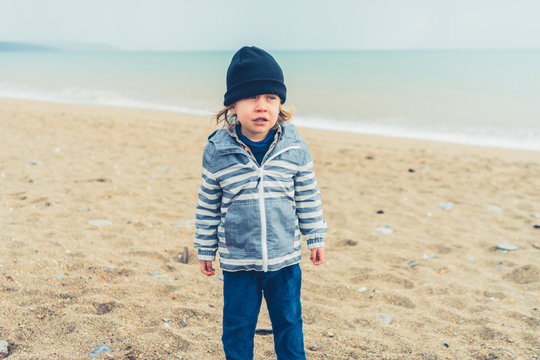 Little boy on the beach in winter