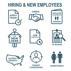 Hiring and Employees icons - job related images showing hiring