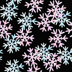 Blue and pink watercolor snowflakes on black background: tender winter illustration, seamless pattern, frosty background design.