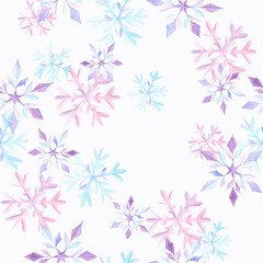 Pink, blue and purple watercolor snowflakes on white background: tender winter illustration, seamless pattern, frosty background design.
