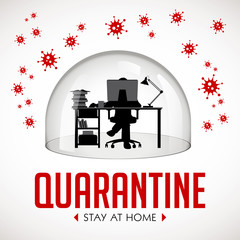 Home office concept - home work during quarantine - Corona virus warning - man with laptop under glass dome protection - stay at home work remotely