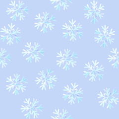 Fototapeta na wymiar Blue watercolor snowflakes on blue background: tender winter illustration, seamless pattern, frosty background design.