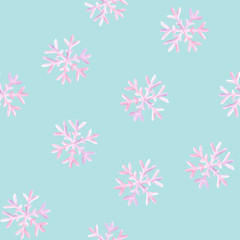 Fototapeta na wymiar Pink watercolor snowflakes on blue background: tender winter illustration, seamless pattern, frosty background design.
