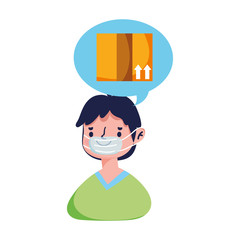 man with medical mask cardboard box online shopping covid 19