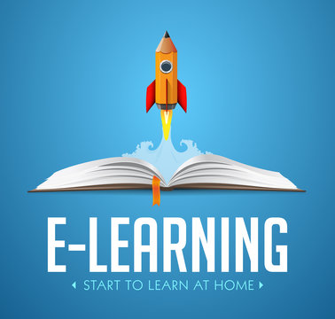 Elearning idea - stay at home and learn without going to school - Rocket launching from book - education concept