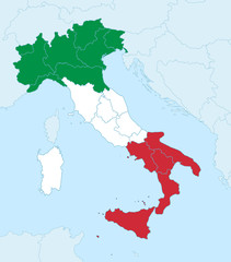 Italy map in flag colors with neighboring states, administrative division, blue background blank