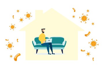 Self-quarantine concept. Work at home during an outbreak of the COVID-19 virus. Coronavirus quarantine preventive measures. Prevent infection spreading. Person working on laptop. Vector illustration