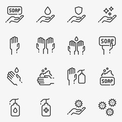 Set of hand washing black and white line vector icon.