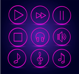 bright neon musical pink icons on a dark background