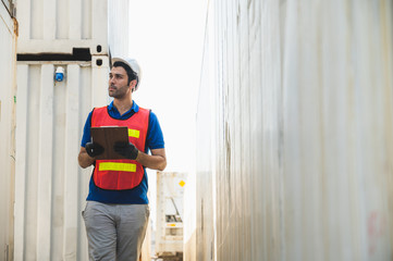 Foreman holding clipboard working at Container cargo harbor. Business Logistics import export shipping concept.