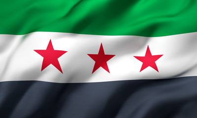 Independence Flag of Syria blowing in the wind. Full page Syrian flying flag. 3D illustration.