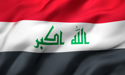 Naklejka premium Flag of Iraq blowing in the wind. Full page Iraqi flying flag. 3D illustration.