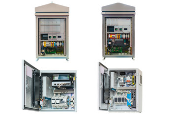 four electrical control Cabinet with an open door isolated on a white background