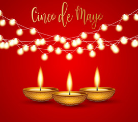 Obraz na płótnie Canvas Cindo de Mayo banner background. Golden lettering, garland lights, and candles. Mexican traditional holiday concept. Vector illustration.