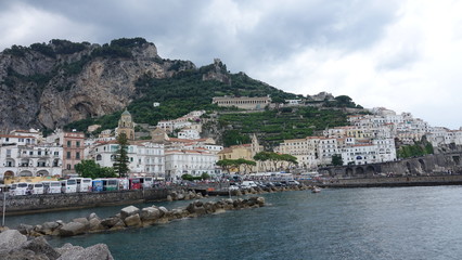 Fototapeta na wymiar Amalfi Coast, Rock, Buildings, Sea, Boats