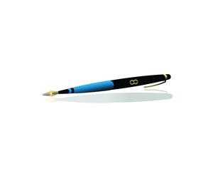 Fountain pen black and blue  body and golden trim, with real shadow in horizontal sideview