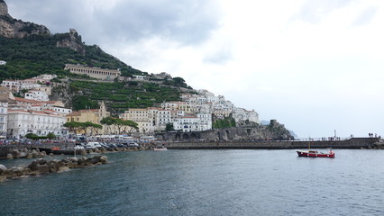 Fototapeta na wymiar Amalfi Coast, Rock, Buildings, Sea, Boats