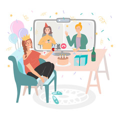 A girl sitting on a chair, having a birthday online party at home during quarantine meeting friends on video conference call or chat. People drink wine and tea together vector flat illustration.