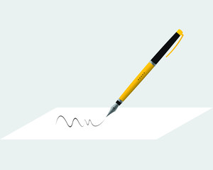 Fountain pen in golden and black body and ink drop after draw on white paper