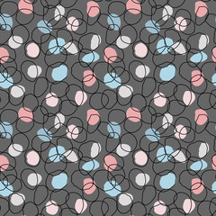 Ditsy vector polka dot pattern with random hand-painted circles in gray, black and pastel colors. Seamless texture in vintage style. Modern background with shapeless curves, circles.
