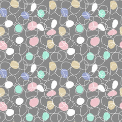 Ditsy vector polka dot pattern with random hand-painted circles in gray, black and pastel colors. Seamless texture in vintage style. Modern background with shapeless curves, circles.