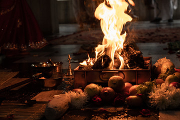 Indian Hindu Traditional Pooja. Vedic fire ceremony called Yagya. Indian wedding of vivah Yagya....