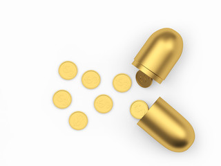 Gold open medical capsule with scattered coins with a dollar sign isolated on a white background. 3D illustration