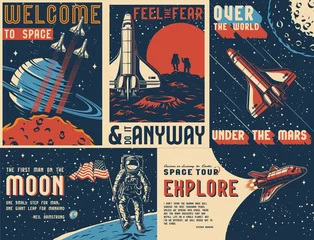 Outdoor-Kissen Weltraumforschung Vintage bunte Poster © DGIM studio