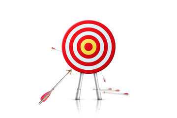 Path to success. Goal achievement concept. Realistic aim and arrows isolated on white background. Vector illustration.